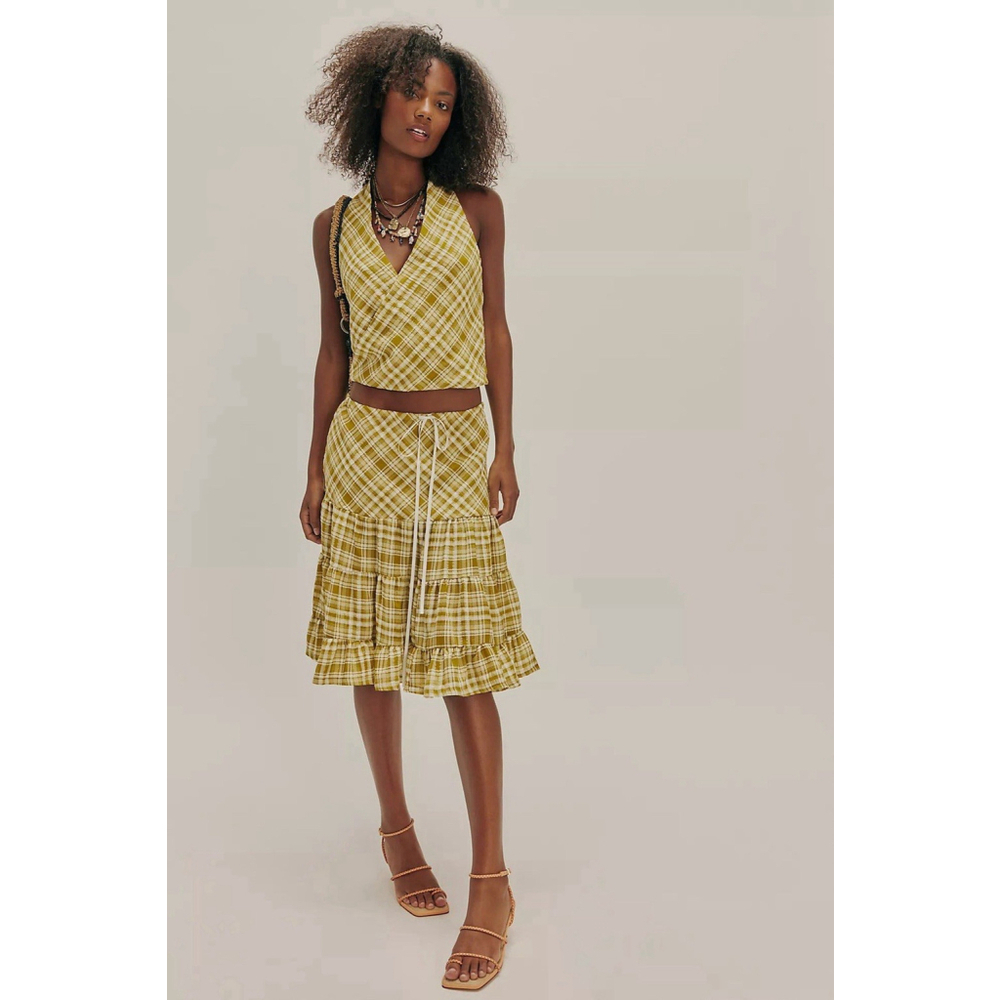 Free People Women’s Traymore Plaid Set S Green Crop Top Ruffle Skirt Festival - Picture 1 of 13